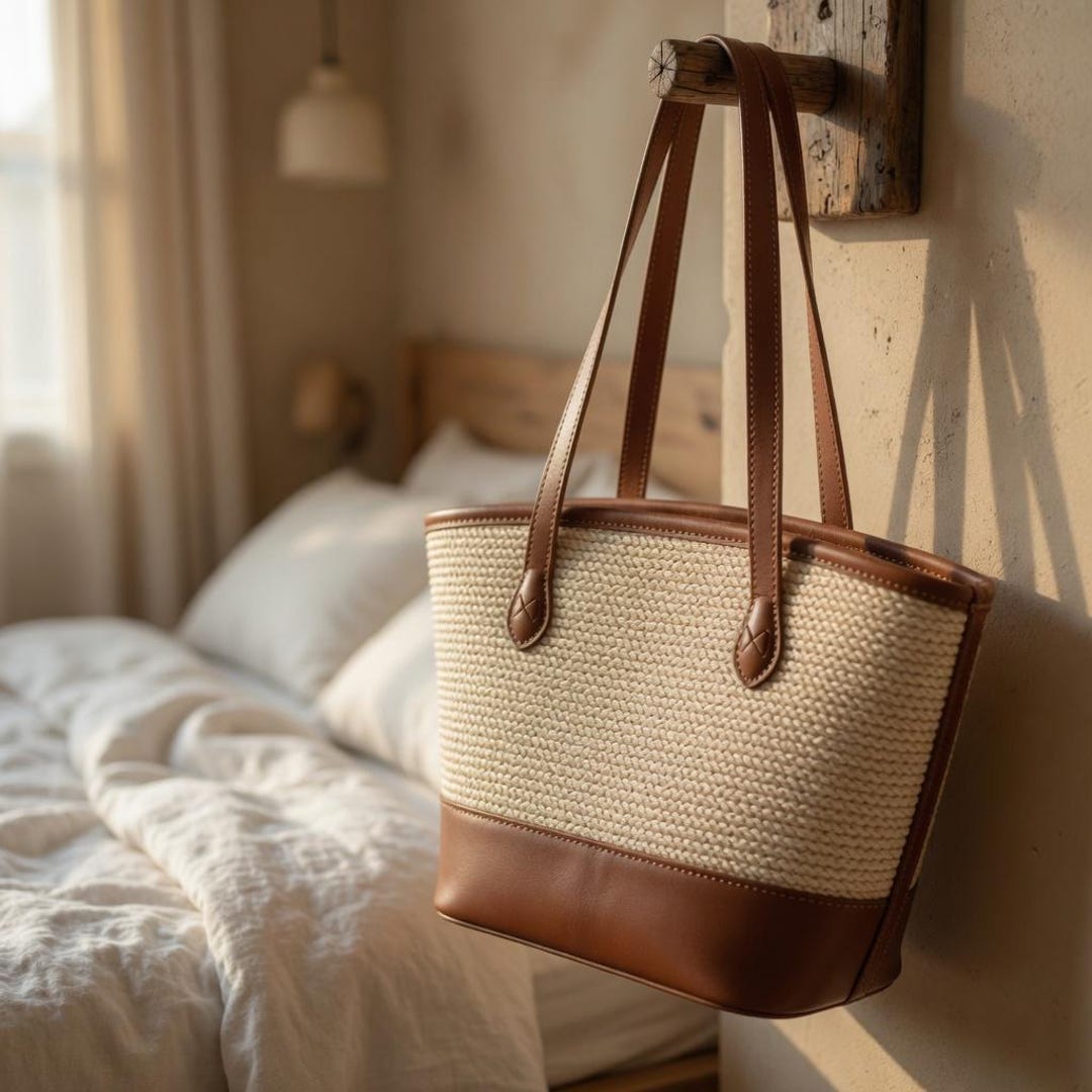 Straw Tote Bag Women, Woven Summer Shoulder Bag, Leather Trim Beach Bag ...