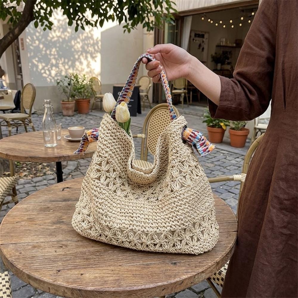 Handwoven Straw Tote Bag, Crochet Raffia Shoulder Bag, Boho Beach Bag ...
