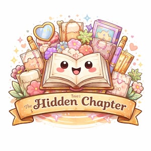 May include: A whimsical illustration featuring an open book with a smiling face, surrounded by flowers, gifts, and stationery. A banner below reads "The Hidden Chapter". Pastel colors and a cute aesthetic create a charming design.
