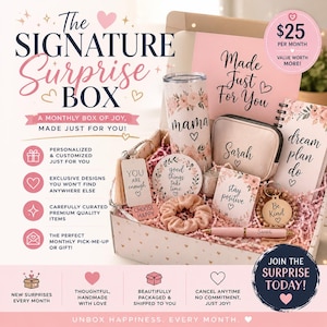 May include: A subscription gift box containing a floral tumbler labeled mama, a personalized pouch, a notebook with dream plan do, a pen, a scrunchie, and cards with text including You Are Enough, Good Things Take Time, Stay Positive, and Be Kind.