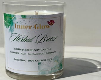 Vela de soja Herbal Breeze / Lavanda, romero, lluvia y sándalo / Vela de spa / Regalo de relajación vertido a mano / Resplandor interior