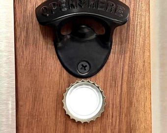Magnetic Bottle Opener for Fridge – Solid Walnut with Cast Iron, Cap Catcher, No Drill