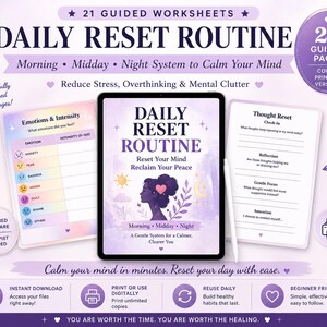 Peut inclure: Feuilles de travail numériques de routine de réinitialisation quotidienne. L'image montre une tablette avec le titre "Daily Reset Routine" et deux feuilles de travail. Les feuilles de travail sont conçues pour réduire le stress et la surréflexion. Les pages couleur sont imprimables.