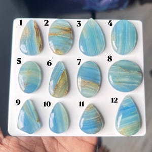 May include: Twelve polished blue and tan banded gemstones arranged on a white display board, numbered 1 through 12. The stones feature various shapes including teardrops, ovals, and circles, showcasing natural light blue hues with tan streaks.