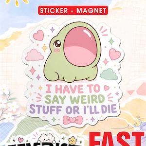 May include: A sticker or magnet featuring a cartoon frog with a large pink mouth and the text "I HAVE TO SAY WEIRD STUFF OR I'LL DIE." The design includes hearts, stars, and a bow. The brand name "ZENITHSTI" is also visible.