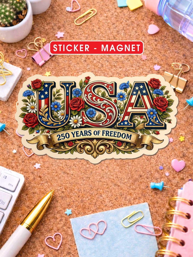 Puede incluir: Una pegatina o im&aacute;n decorativo con la palabra "USA" en colores patri&oacute;ticos y detalles florales. El dise&ntilde;o incorpora la bandera estadounidense, rosas rojas y flores azules, con el texto "250 YEARS OF FREEDOM" en una pancarta. La pegatina est&aacute; rodeada de material de oficina.