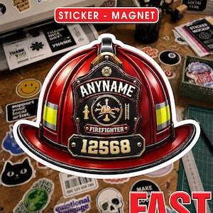 May include: A red firefighter helmet sticker or magnet featuring a black front shield with the text ANYNAME and FIREFIGHTER, a central emblem with tools, and the number 12568 in gold. The helmet has yellow reflective stripes on the sides.
