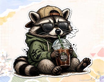 Funny Raccoon Iced Coffee Sticker, Funny Animal Meme Vinyl Decal, Cute Coffee Lover Aesthetic Sticker for Laptop Water Bottle Gift Idea