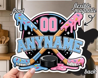 Custom Hockey Name Number Magnet, Personalized Ice Cream Drip Hockey Fridge Magnet, Cute Ice Hockey Player Gift, Sports Locker Team Decor