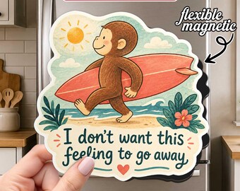 Curious Surfer Monkey Magnet, Beach Vacation Fridge Magnet, Summer Coastal Decor for Locker Refrigerator Office Board, Gift Idea for Adults