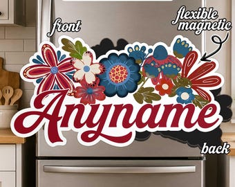 Custom Retro Floral Name Magnet, Personalized 4th of July Name Decor, Patriotic Americana Fridge Magnet for Mom Kids Family Gift Idea