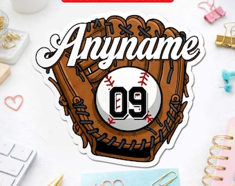 Custom Baseball Name Number Sticker Magnet, Personalized Team Player Sports Decal, Waterproof Die Cut Vinyl for Water Bottle Laptop Car Gift