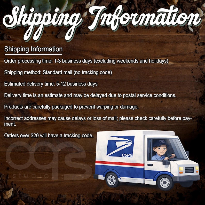 Puede incluir: Imagen con el texto "Shipping Information" y detalles sobre el procesamiento de pedidos, m&eacute;todos de env&iacute;o y tiempos de entrega. Un cami&oacute;n de reparto de USPS se muestra.