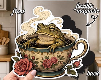 Teacup Frog Magnet, Cute Cottagecore Frog Fridge Magnet, Cozy Toad Tea Cup Decor, Whimsical Nature Gift, Kawaii Frog Kitchen Decor