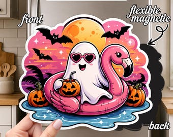 Summerween Ghost Magnet, Cute Ghost Pool Float Halloween Fridge Magnet, Pink Flamingo Spooky Summer Decor, Beach Ghost Gift Summer Halloween