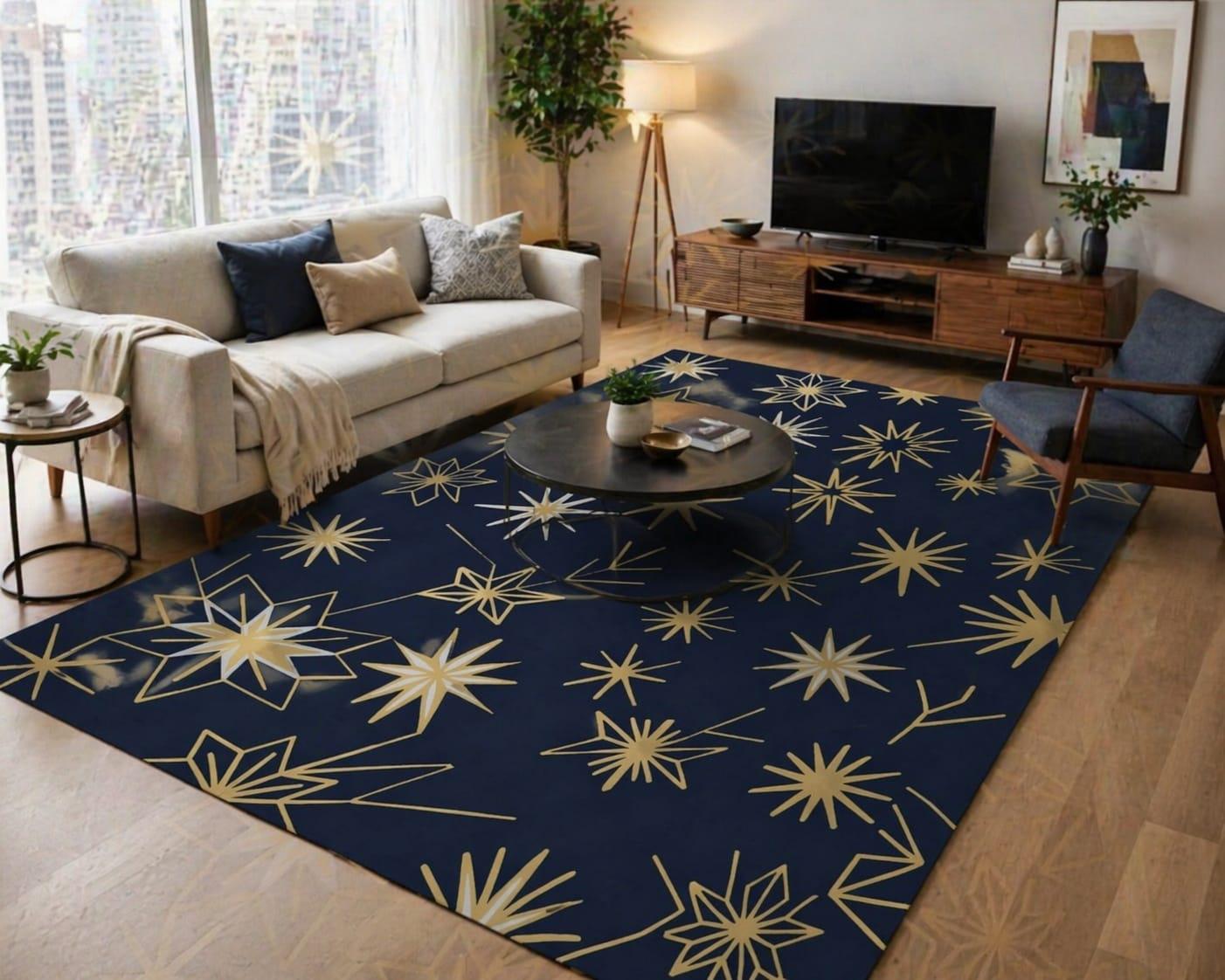 Luxury Navy Blue Gold Starburst Rug, Modern Office Rug, Good Luck ...