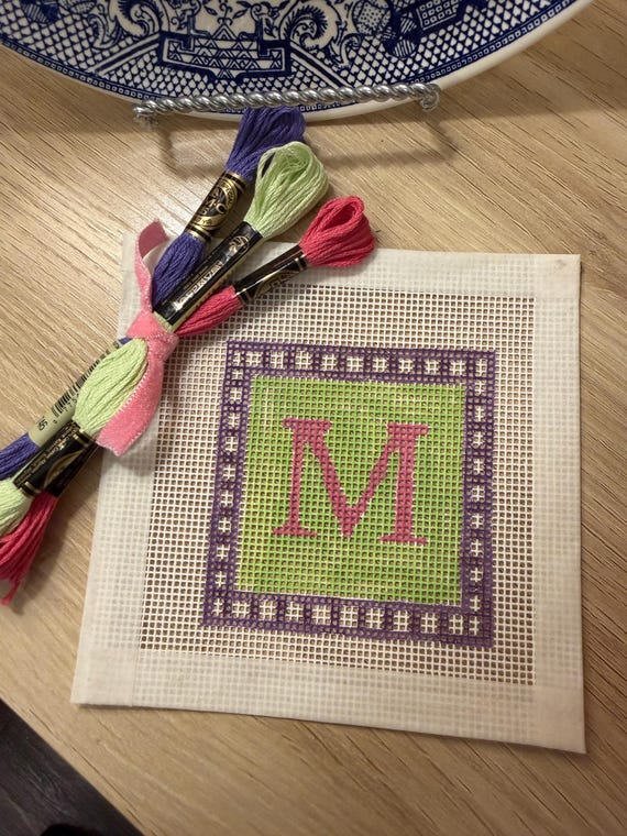 Custom Initial Needlepoint Kit, 13 Mesh Canvas, Beginner Friendly DIY Needlepoint Gift