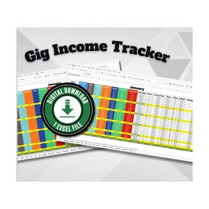 Puede incluir: Un producto de descarga digital titulado "Gig Income Tracker" que presenta dos hojas de cálculo con tablas de datos coloridas. Una insignia circular verde con las palabras "Descarga Digital" y "1 Archivo Excel" está superpuesta.