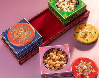Hand Painted Wooden Dry Fruit Box | 3 Compartment Masala Storage | Rajasthani Festive Indian Decor