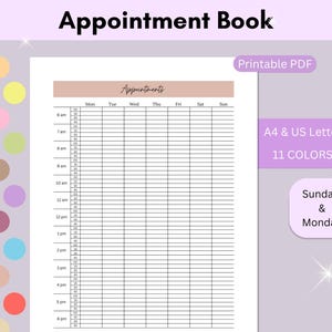 May include: A printable appointment book with a white interior and a pink header labelled "Appointments." The book is designed for A4 and US Letter sizes and offers 11 colour options. The days of the week are listed across the top.