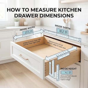 May include: A white kitchen drawer is open, displaying how to measure its dimensions. The text reads "HOW TO MEASURE KITCHEN DRAWER DIMENSIONS." Measurements are shown: width 20.5 inches, depth 18.2 inches, and height 4.1 inches.