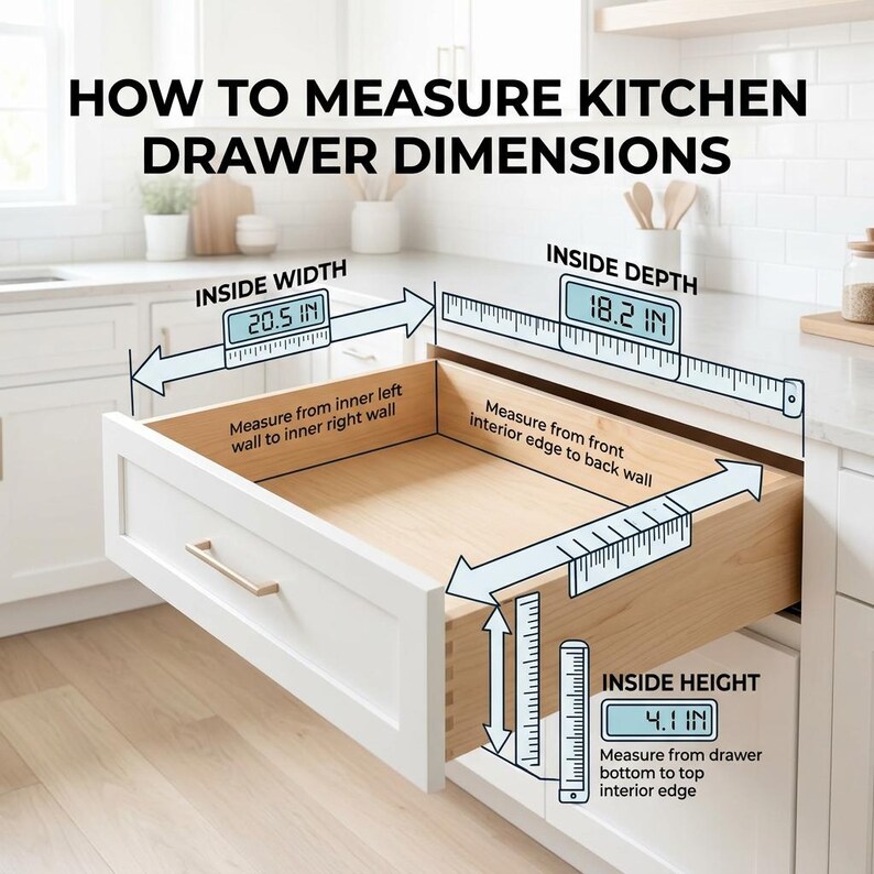 May include: A white kitchen drawer is open, displaying how to measure its dimensions. The text reads "HOW TO MEASURE KITCHEN DRAWER DIMENSIONS." Measurements are shown: width 20.5 inches, depth 18.2 inches, and height 4.1 inches.