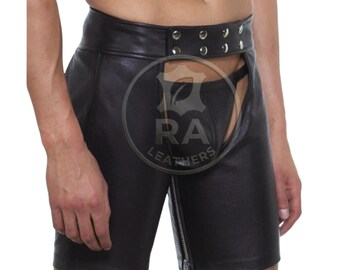 Mens Leather Chaps Open Front Black, Buckle Waist Biker Style Zip Leg, Pride Legwear Handmade, Custom Leather Gift