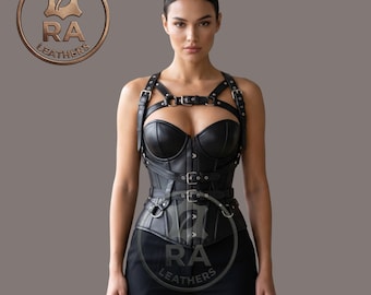 Corsé de piel auténtica con tirantes, corpiño negro, hecho a medida.