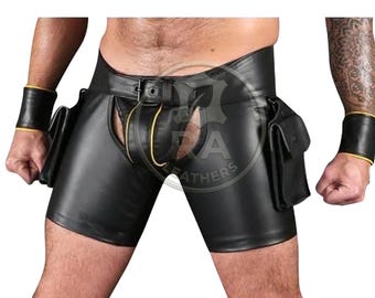 Mens Leather Chaps Shorts with Thigh Pouches | Open Back Leather Shorts | Leather Buckle Costume Shorts