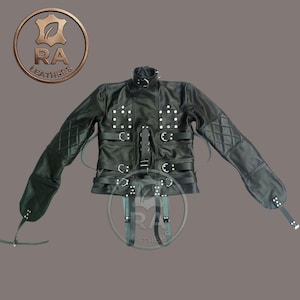 Skórzany kaftan bezpieczeństwa – luksusowy, skórzany, artystyczny kostium z wieloma paskami, wykonany na zamówienie