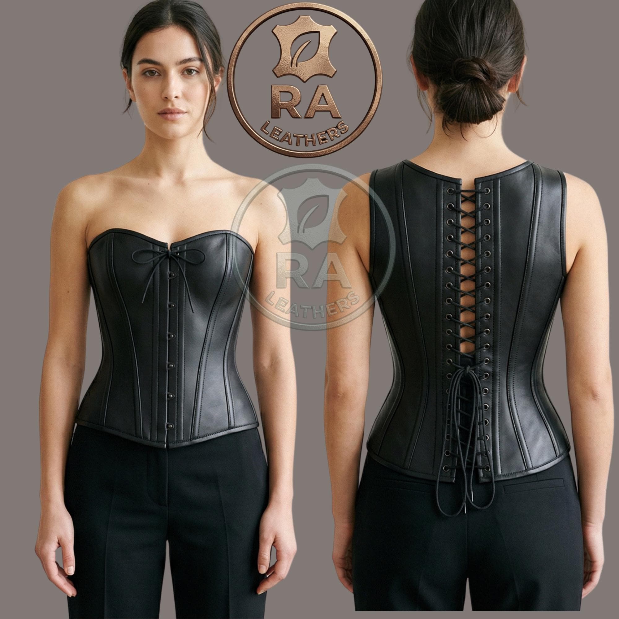 Genuine Black Leather Overbust Corset | Front Busk & Tie Accent | Steel ...