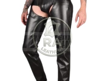 Black Leather Chaps, Lace Up Open Back Design, Made to Measure Biker Leather Pants