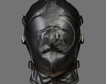 Leather Full Face Hood, Genuine Leather Mask with Straps and Buckles, Handmade Leather Costume Mask