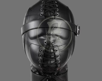 Full Head Leather Hood Genuine Leather, Enclosed Mask Lace Up Front Back, Buckle Strap Collar, Handmade Leather Gift