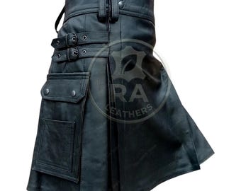 Genuine Leather Cargo Kilt, Adjustable Buckle Straps, Deep Side Pockets, Custom Fit