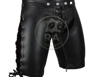 Men's Genuine Leather Biker Shorts, Lace-Up Sides, Punk Gothic Style