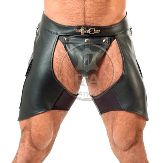 Mens Leather Chaps Shorts | Open Side Leather Jockstraps with Pocket | Real Leather Costume Wear