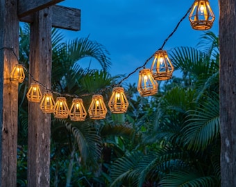 Rattan Lantern String Lights, 10 Mini Bulbs, Weatherproof Patio Lighting