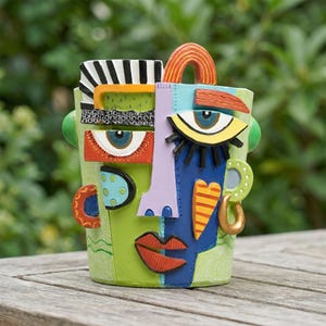 May include: A colorful, abstract face planter with a green base. The face features blue, purple, orange, and yellow accents, including eyes, lips, and a heart. The planter has a handle and is placed on a wooden surface.