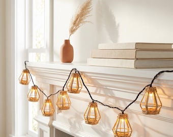 Rattan Lantern String Lights, 10 Mini Bulbs, Weatherproof Patio Lighting