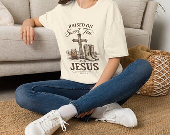 Opgegroeid bij zoete thee en Jezus T-shirt | T-shirt zuiders geloof