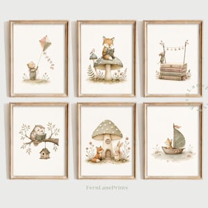 May include: A set of six framed wall art prints featuring watercolor illustrations of woodland animals. The images depict a bear with a kite, a fox on a mushroom, a mouse on books, an owl on a branch, a fox and rabbit by a mushroom house, and a fox in a boat.