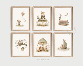 May include: A set of six framed wall art prints featuring watercolor illustrations of woodland animals. The images depict a bear with a kite, a fox on a mushroom, a mouse on books, an owl on a branch, a fox and rabbit by a mushroom house, and a fox in a boat.