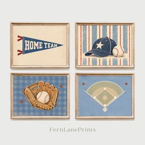 May include: A set of four framed prints featuring baseball themes. The first shows a blue pennant with the text HOME TEAM. The second displays a blue baseball cap and ball on striped paper. The third shows a leather glove and ball. The fourth shows a field.