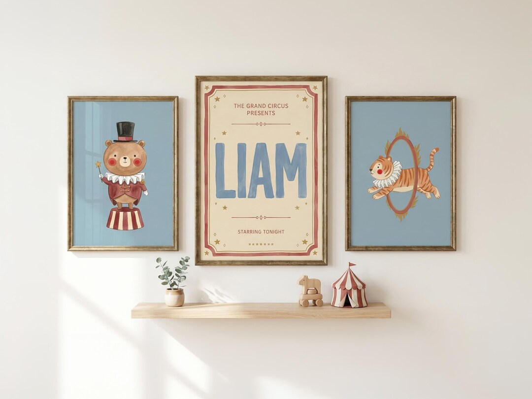 Personalized Circus Nursery Art Set, Vintage Bear Tiger Prints (digital ...