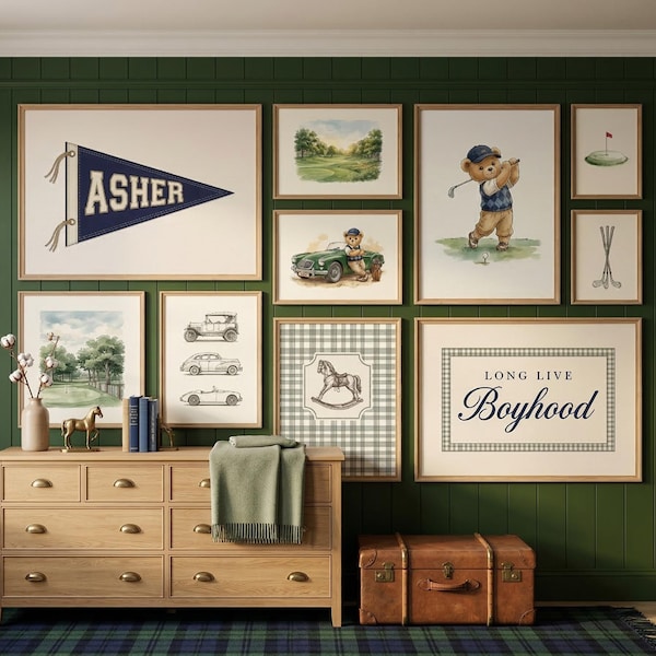 Ensemble d'art personnalisé pour chambre d'enfant BCBG, impressions de sport vintage ours en peluche golf (téléchargement numérique)