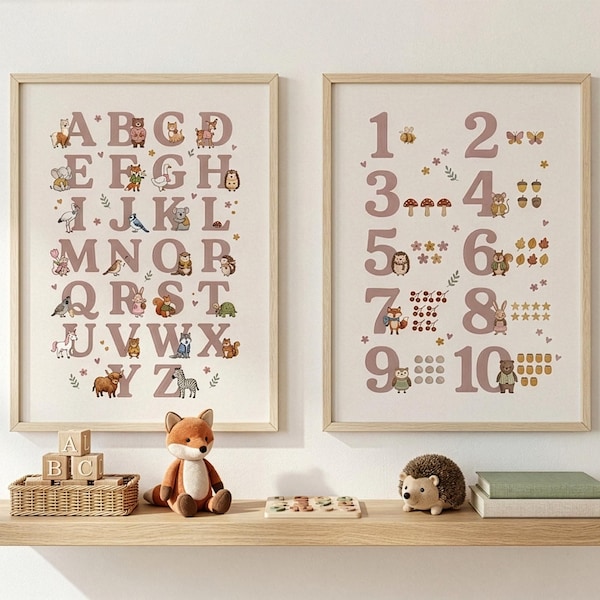 Rosa Waldtiere Alphabet Zahlen Drucke, Baby Kinderzimmer Lernposter