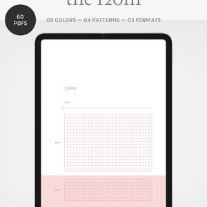 May include: A digital tablet displaying a planner design. The screen shows a grid layout with the text "the 120m" at the top. Additional text includes "05 COLORS - 04 PATTERNS - 03 FORMATS" and "60 PDFs". The design features a pink and white colour scheme.