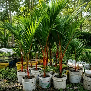 May include: A collection of young palm trees in white buckets. The trees have vibrant green fronds and striking red stems. The buckets are arranged outdoors, with a backdrop of trees and foliage.