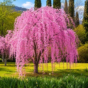 May include: A vibrant pink weeping cherry tree in full bloom, with cascading branches of blossoms. The tree stands in a grassy field, surrounded by other trees and a blue sky. The scene evokes a sense of spring and natural beauty.